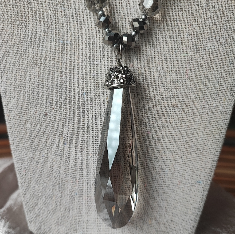Gray Oversized Crystal Teardrop Opera Length Necklace Vintage Silver Tone Glass